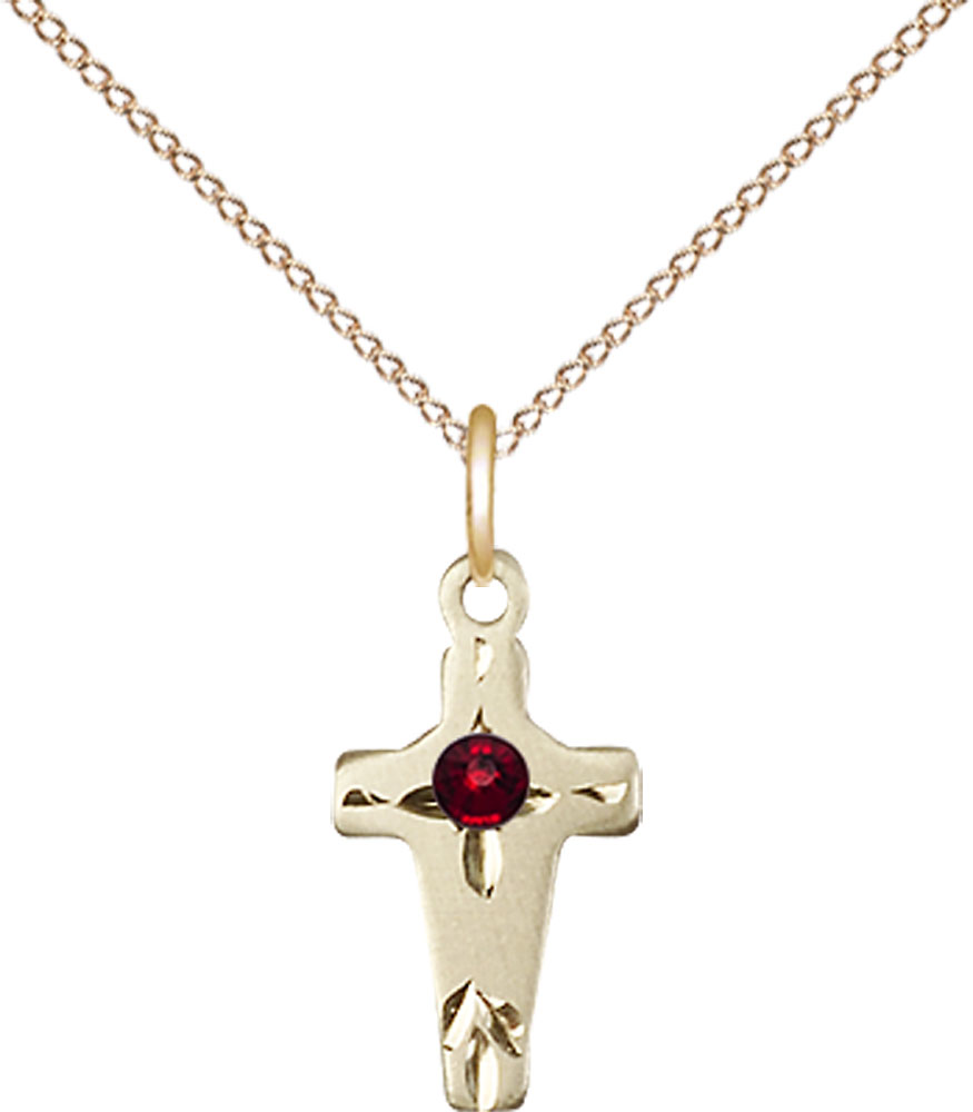 14kt Gold Filled Cross Pendant with a 3mm Garnet Swarovski stone on a 18 inch Gold Filled Light Curb chain