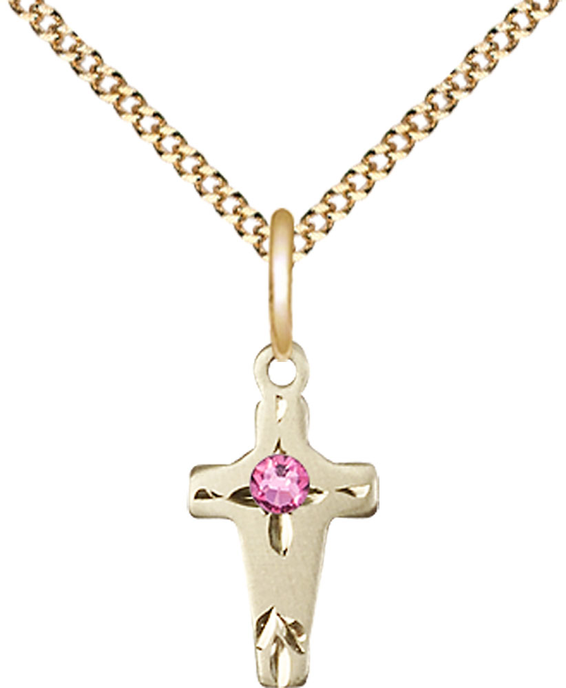 14kt Gold Filled Cross Pendant with a 3mm Rose Swarovski stone on a 18 inch Gold Plate Light Curb chain