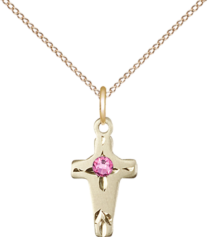 14kt Gold Filled Cross Pendant with a 3mm Rose Swarovski stone on a 18 inch Gold Filled Light Curb chain