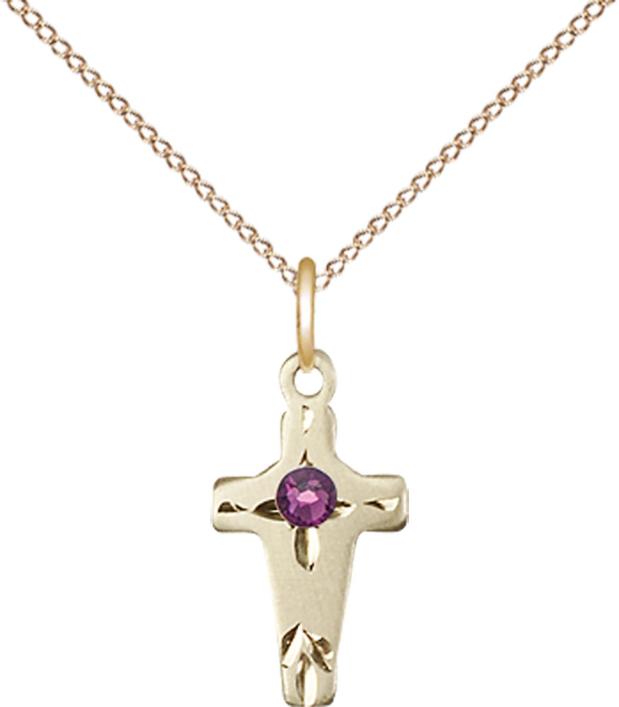 14kt Gold Filled Cross Pendant with a 3mm Amethyst Swarovski stone on a 18 inch Gold Filled Light Curb chain