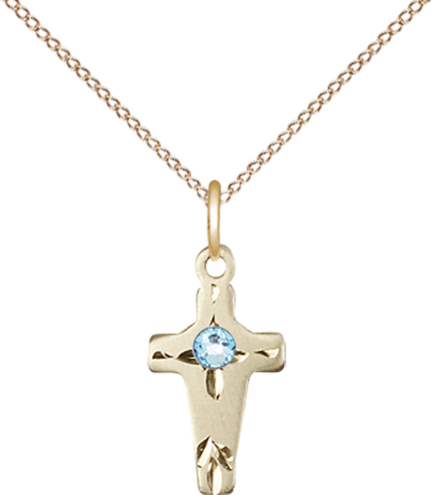 14kt Gold Filled Cross Pendant with a 3mm Aqua Swarovski stone on a 18 inch Gold Filled Light Curb chain