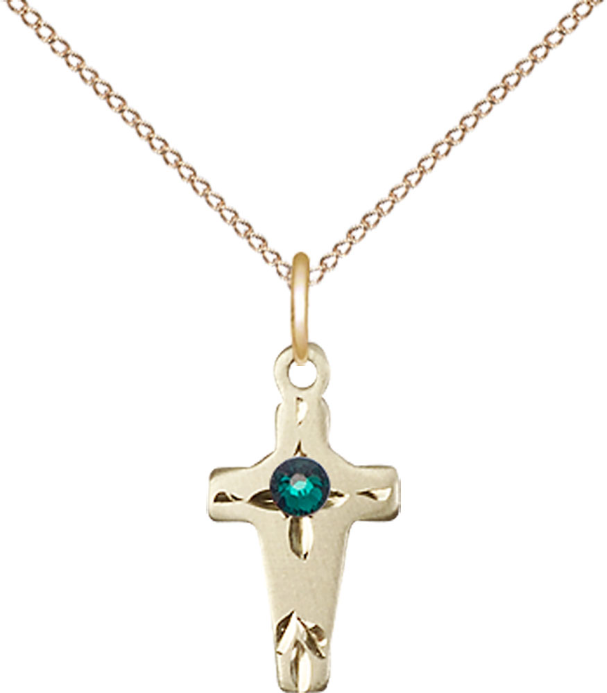 14kt Gold Filled Cross Pendant with a 3mm Emerald Swarovski stone on a 18 inch Gold Filled Light Curb chain