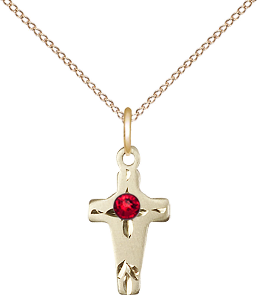 14kt Gold Filled Cross Pendant with a 3mm Ruby Swarovski stone on a 18 inch Gold Filled Light Curb chain