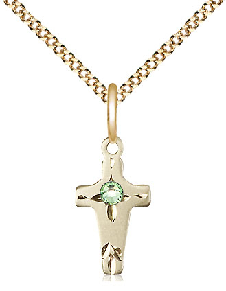 14kt Gold Filled Cross Pendant with a 3mm Peridot Swarovski stone on a 18 inch Gold Plate Light Curb chain