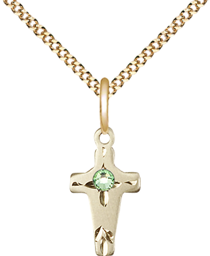 14kt Gold Filled Cross Pendant with a 3mm Peridot Swarovski stone on a 18 inch Gold Plate Light Curb chain