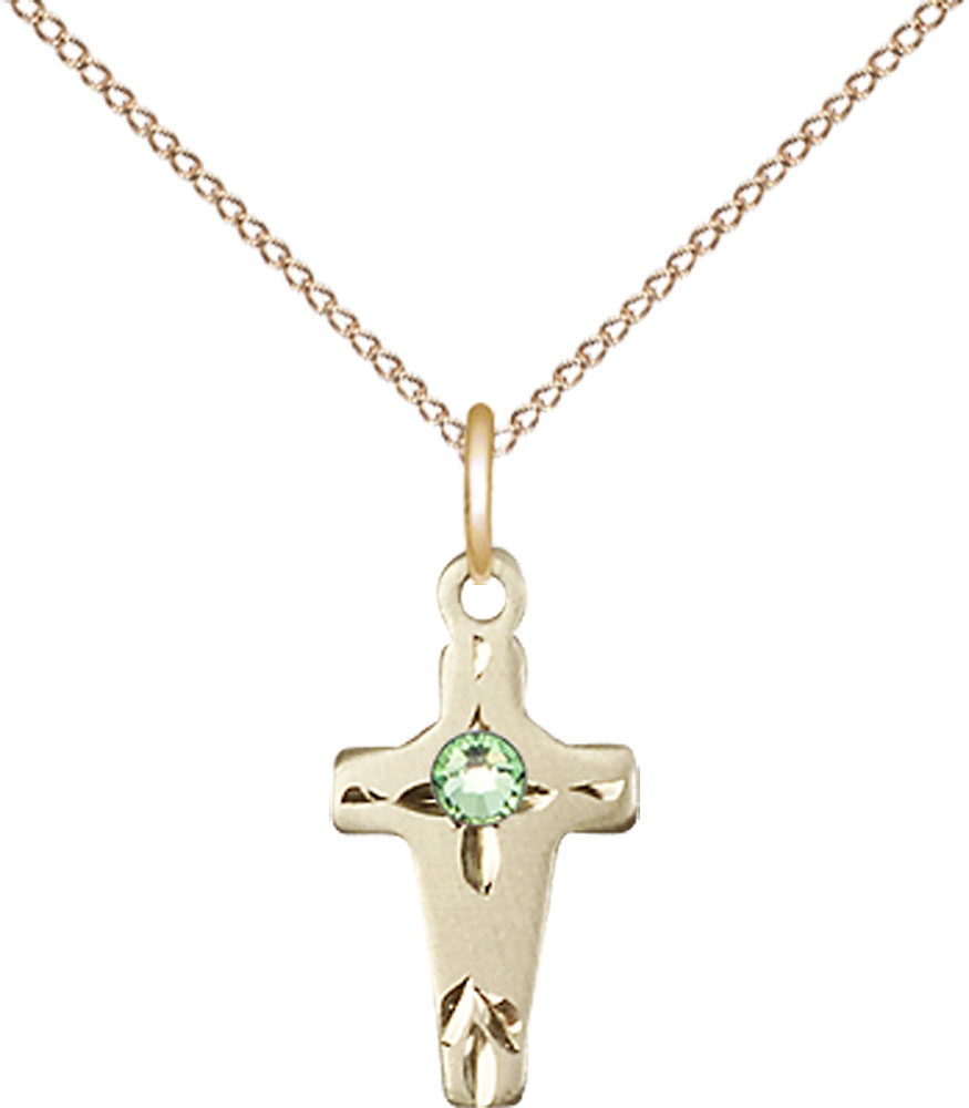 14kt Gold Filled Cross Pendant with a 3mm Peridot Swarovski stone on a 18 inch Gold Filled Light Curb chain