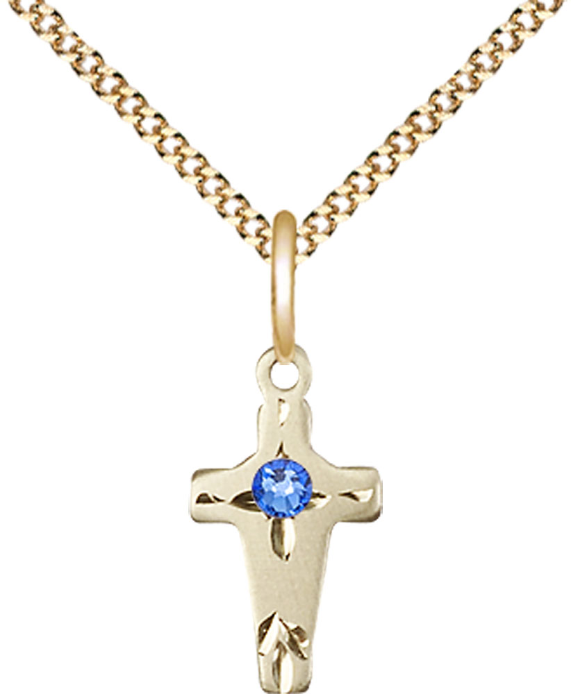 14kt Gold Filled Cross Pendant with a 3mm Sapphire Swarovski stone on a 18 inch Gold Plate Light Curb chain