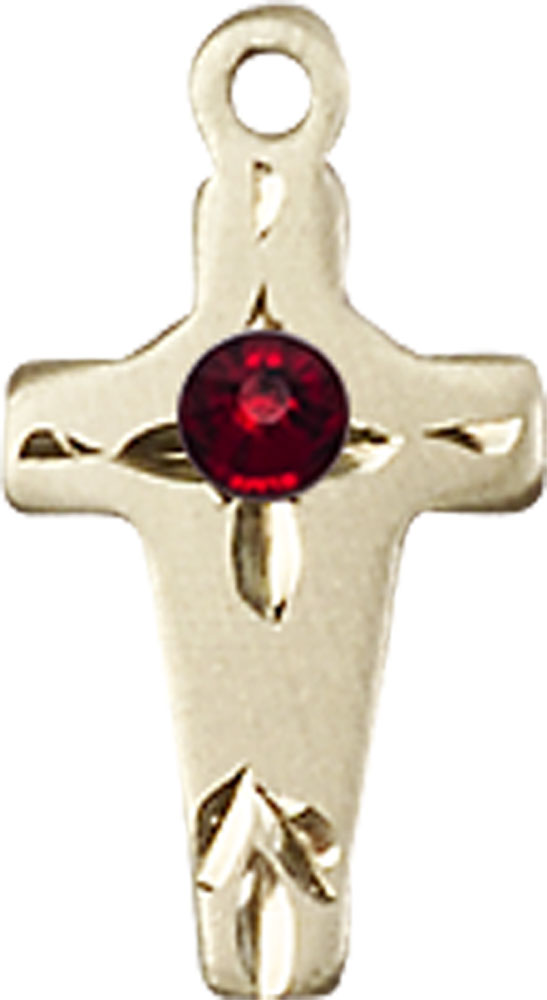14kt Gold Cross Medal with a 3mm Garnet Swarovski stone