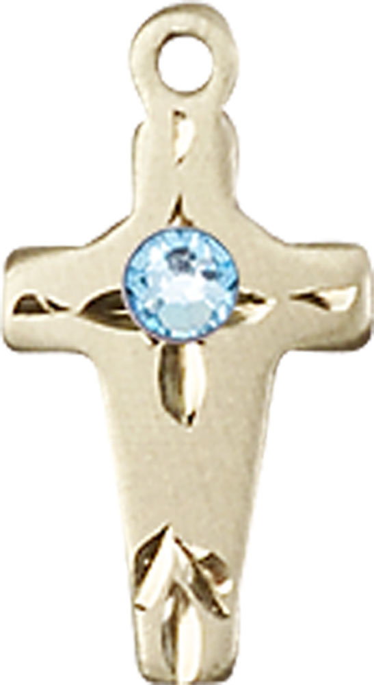 14kt Gold Cross Medal with a 3mm Aqua Swarovski stone