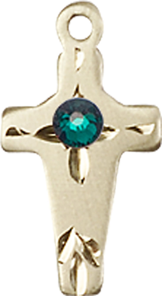 14kt Gold Cross Medal with a 3mm Emerald Swarovski stone