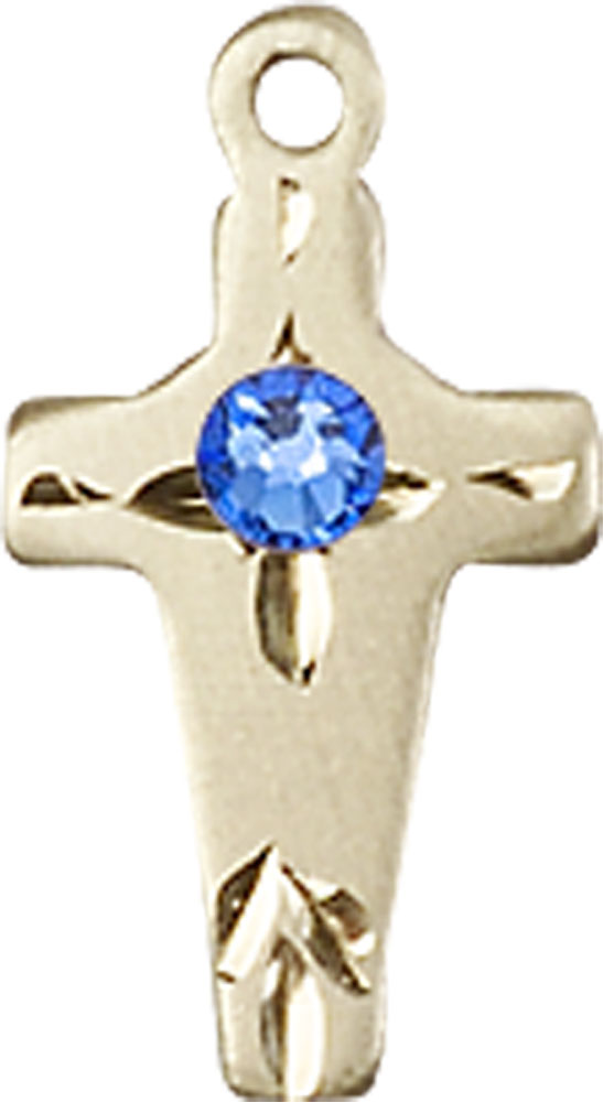 14kt Gold Cross Medal with a 3mm Sapphire Swarovski stone