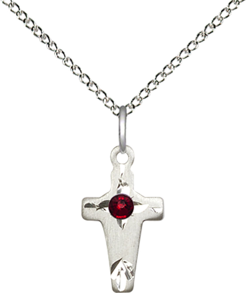 Sterling Silver Cross Pendant with a 3mm Garnet Swarovski stone on a 18 inch Sterling Silver Light Curb chain