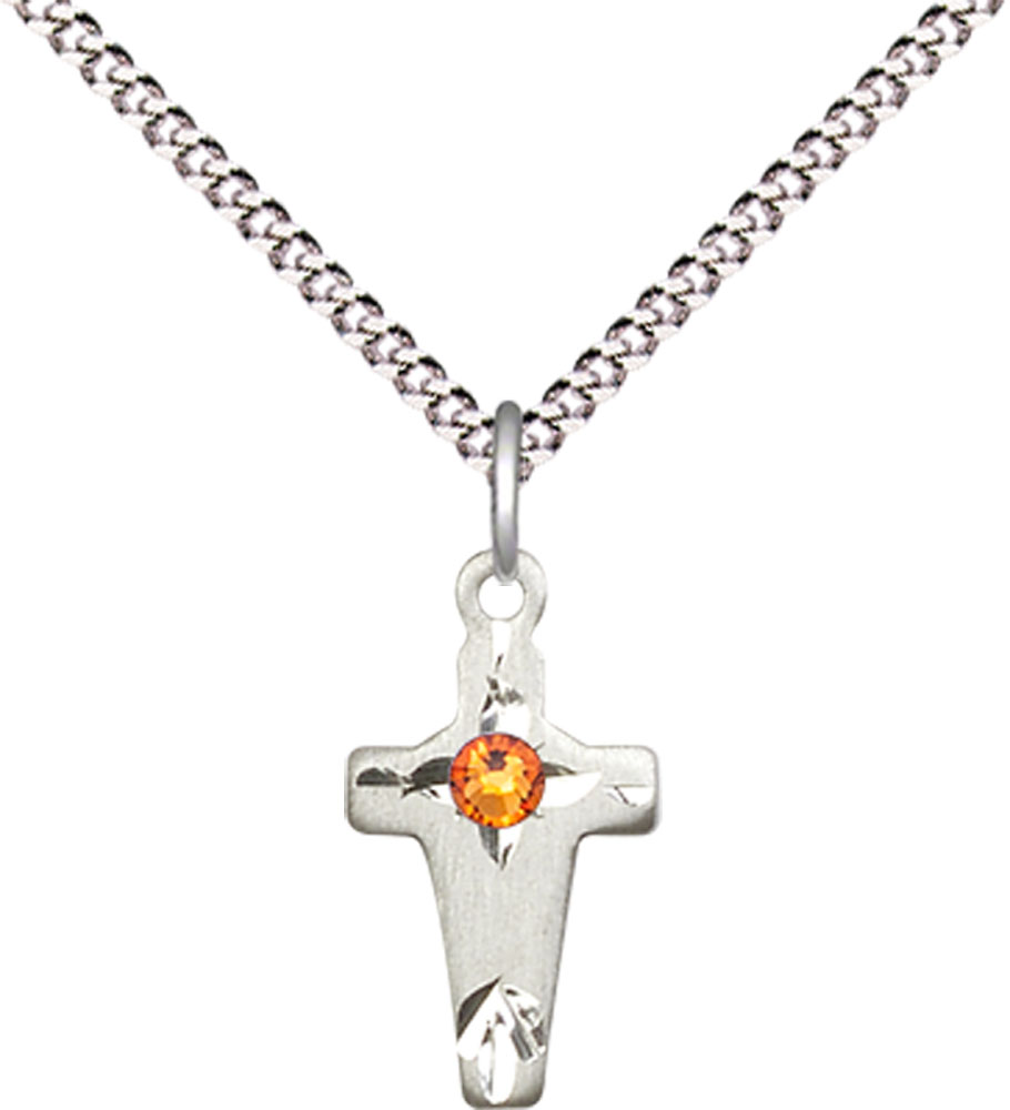 Sterling Silver Cross Pendant with a 3mm Topaz Swarovski stone on a 18 inch Light Rhodium Light Curb chain