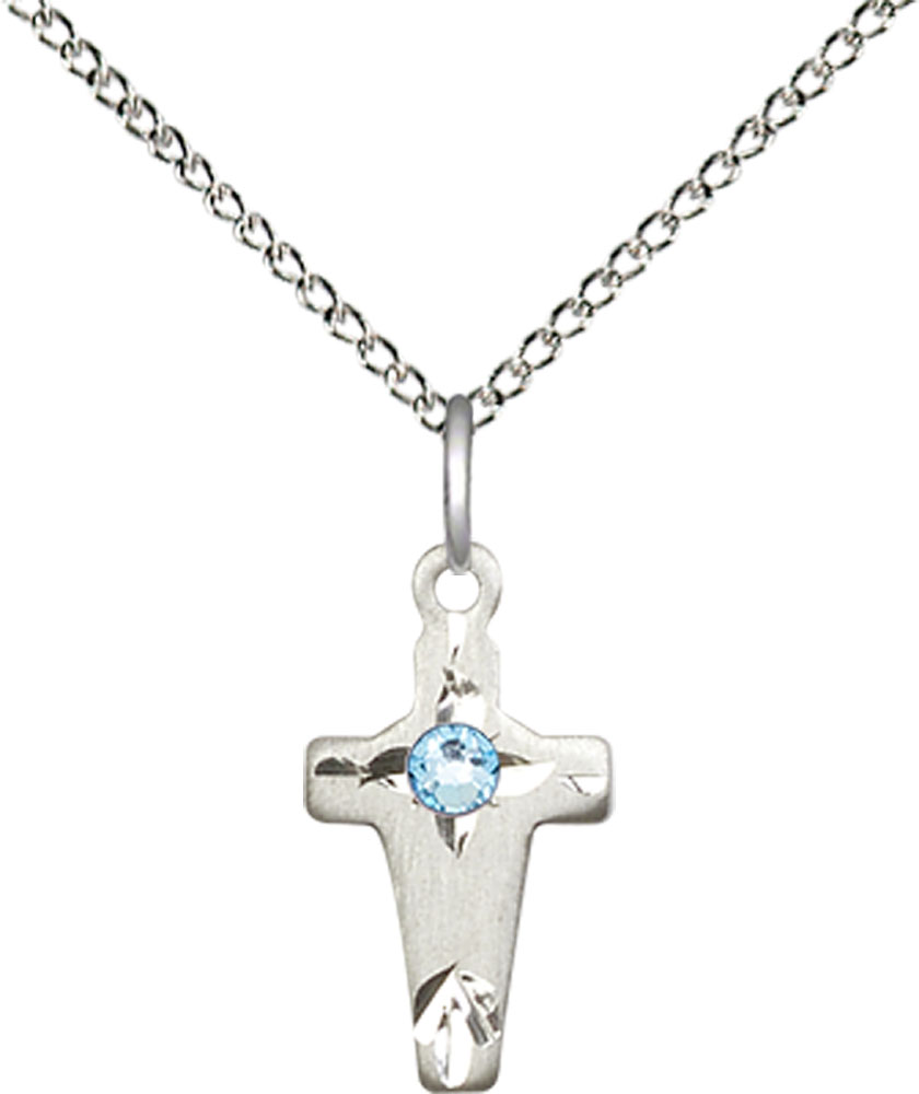 Sterling Silver Cross Pendant with a 3mm Aqua Swarovski stone on a 18 inch Sterling Silver Light Curb chain
