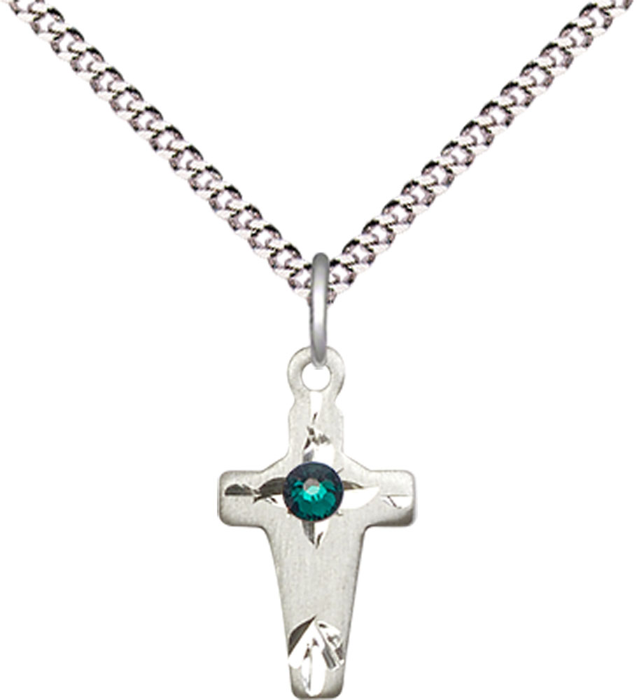 Sterling Silver Cross Pendant with a 3mm Emerald Swarovski stone on a 18 inch Light Rhodium Light Curb chain