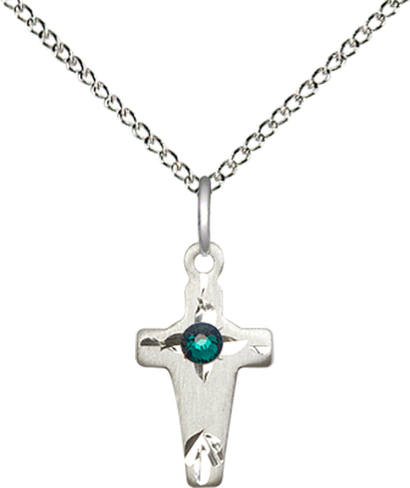 Sterling Silver Cross Pendant with a 3mm Emerald Swarovski stone on a 18 inch Sterling Silver Light Curb chain
