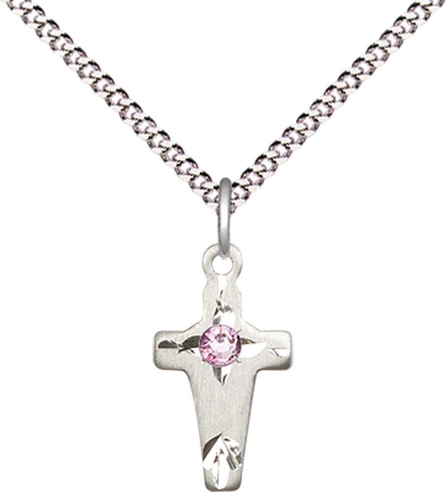 Sterling Silver Cross Pendant with a 3mm Light Amethyst Swarovski stone on a 18 inch Light Rhodium Light Curb chain