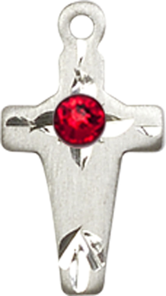 Sterling Silver Cross Medal with a 3mm Ruby Swarovski stone