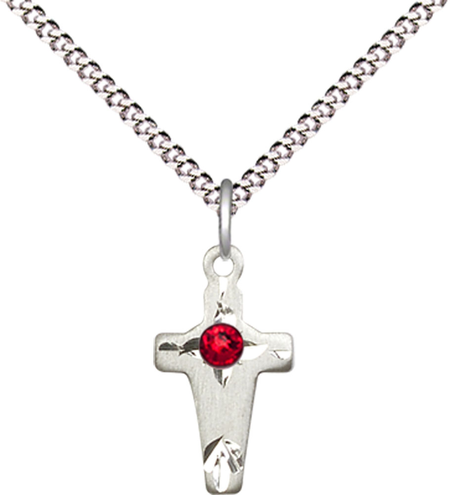 Sterling Silver Cross Pendant with a 3mm Ruby Swarovski stone on a 18 inch Light Rhodium Light Curb chain