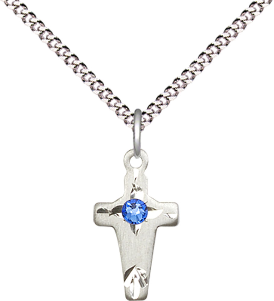 Sterling Silver Cross Pendant with a 3mm Sapphire Swarovski stone on a 18 inch Light Rhodium Light Curb chain
