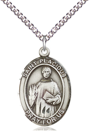 Sterling Silver Saint Placidus Pendant on a 24 inch Sterling Silver Heavy Curb chain