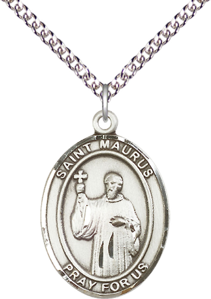 Sterling Silver Saint Maurus Pendant on a 24 inch Sterling Silver Heavy Curb chain