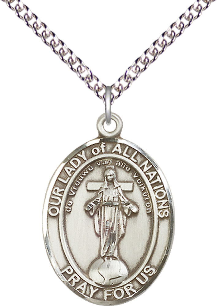 Sterling Silver Our Lady of All Nations Pendant on a 24 inch Sterling Silver Heavy Curb chain