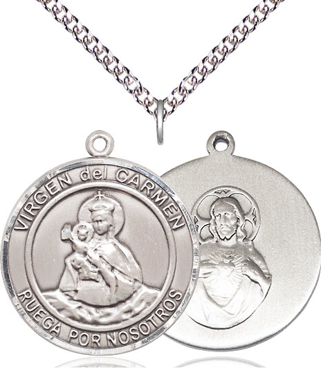 Sterling Silver Virgen del Carmen Pendant on a 24 inch Sterling Silver Heavy Curb chain