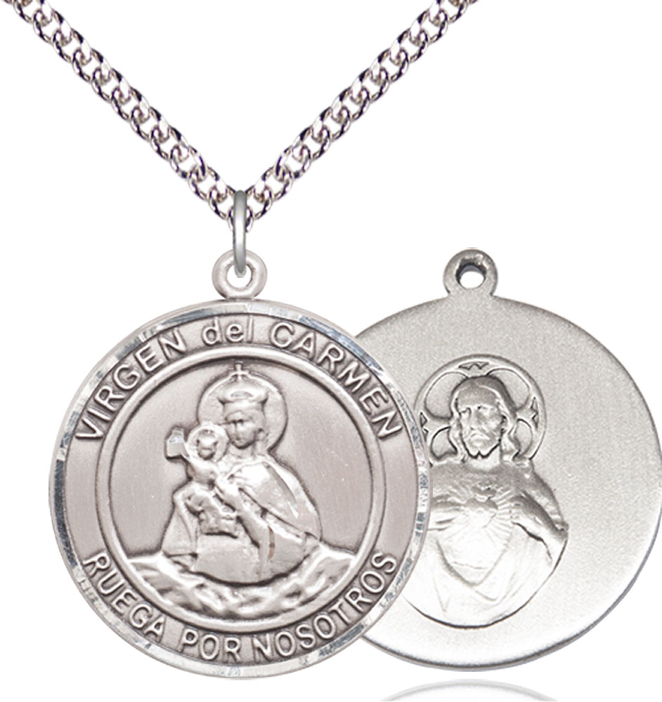 Sterling Silver Virgen del Carmen Pendant on a 24 inch Sterling Silver Heavy Curb chain