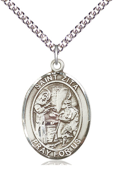 Sterling Silver Saint Zita Pendant on a 24 inch Sterling Silver Heavy Curb chain