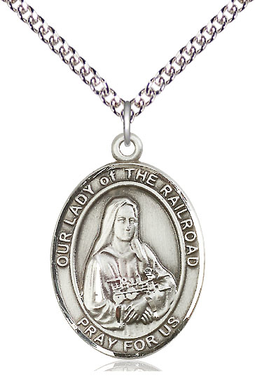 Sterling Silver Our Lady of the Railroad Pendant on a 24 inch Sterling Silver Heavy Curb chain