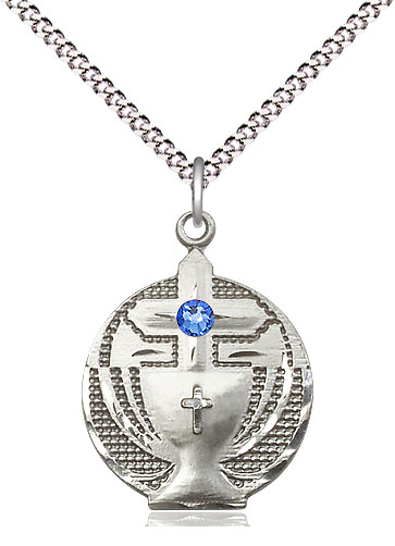 Sterling Silver Communion Pendant with a 3mm Sapphire Swarovski stone on a 18 inch Light Rhodium Light Curb chain