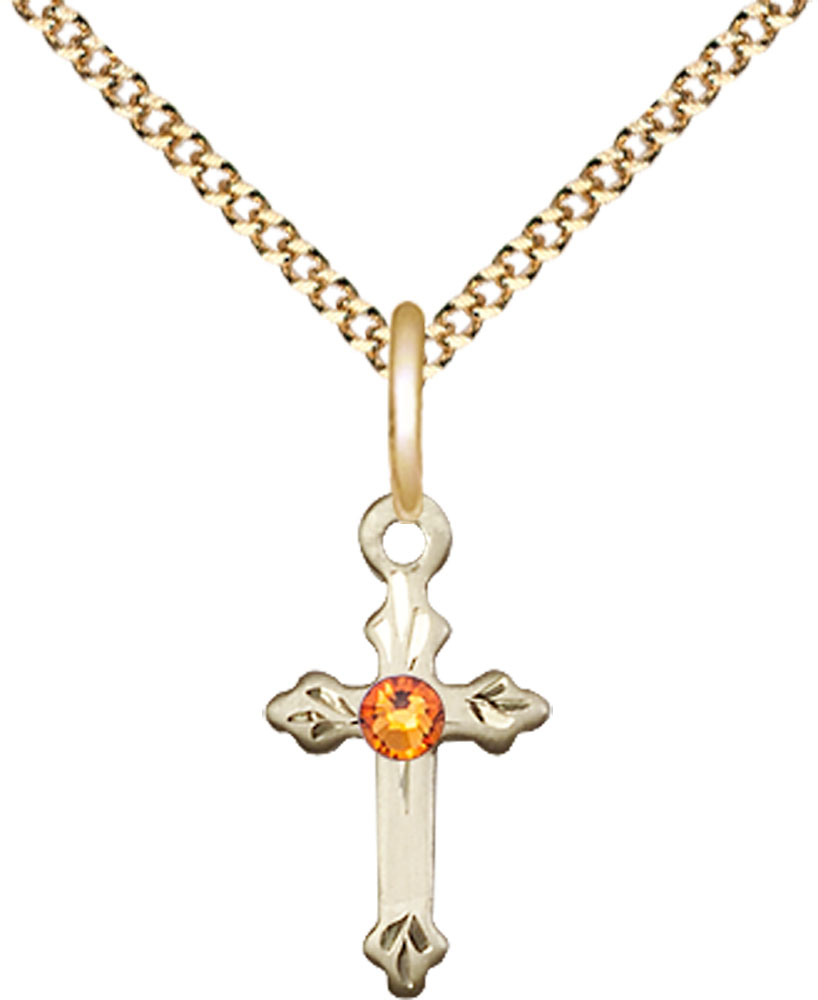 14kt Gold Filled Cross Pendant with a 3mm Topaz Swarovski stone on a 18 inch Gold Plate Light Curb chain