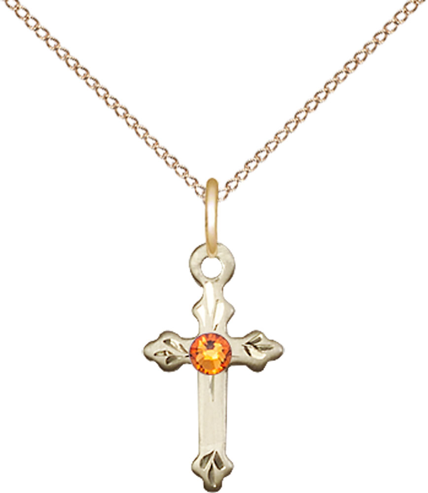 14kt Gold Filled Cross Pendant with a 3mm Topaz Swarovski stone on a 18 inch Gold Filled Light Curb chain