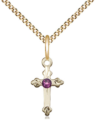 14kt Gold Filled Cross Pendant with a 3mm Amethyst Swarovski stone on a 18 inch Gold Plate Light Curb chain