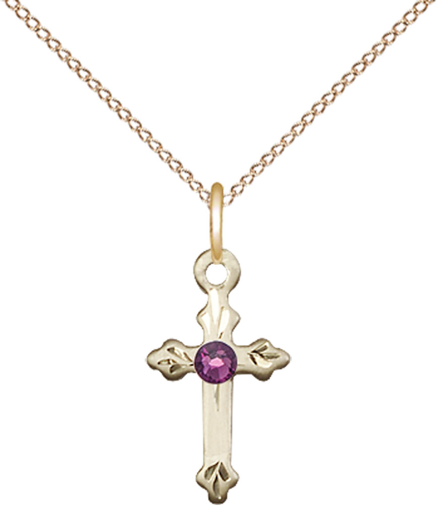 14kt Gold Filled Cross Pendant with a 3mm Amethyst Swarovski stone on a 18 inch Gold Filled Light Curb chain