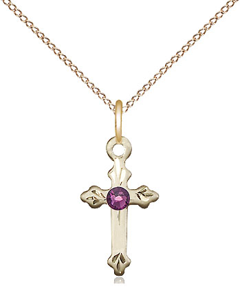 14kt Gold Filled Cross Pendant with a 3mm Amethyst Swarovski stone on a 18 inch Gold Filled Light Curb chain