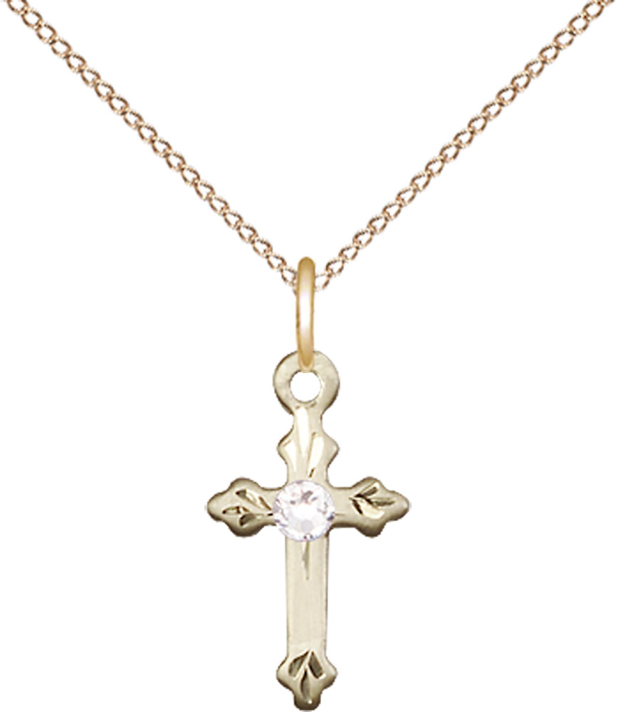 14kt Gold Filled Cross Pendant with a 3mm Crystal Swarovski stone on a 18 inch Gold Filled Light Curb chain