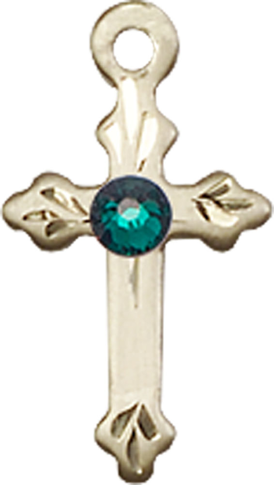 14kt Gold Filled Cross Medal with a 3mm Emerald Swarovski stone