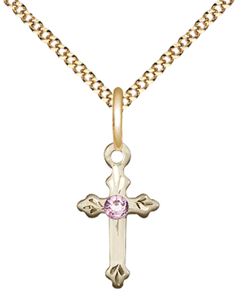14kt Gold Filled Cross Pendant with a 3mm Light Amethyst Swarovski stone on a 18 inch Gold Plate Light Curb chain
