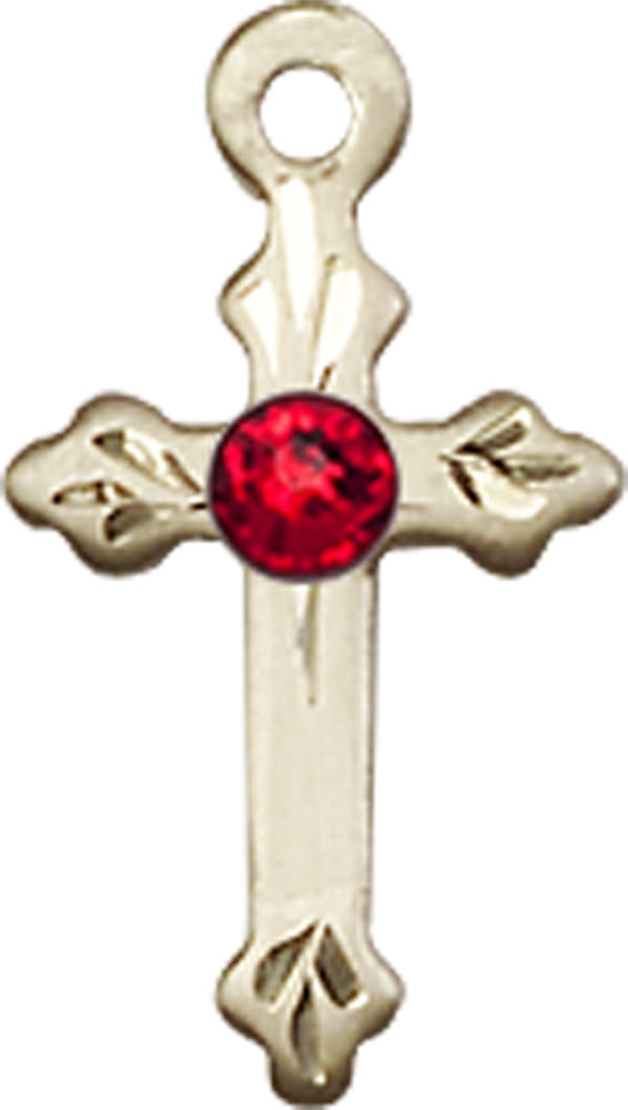 14kt Gold Filled Cross Medal with a 3mm Ruby Swarovski stone