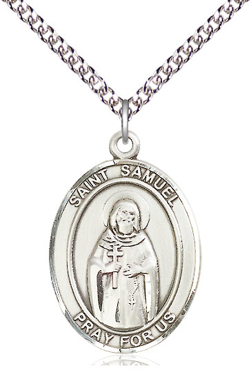 Sterling Silver Saint Samuel Pendant on a 24 inch Sterling Silver Heavy Curb chain