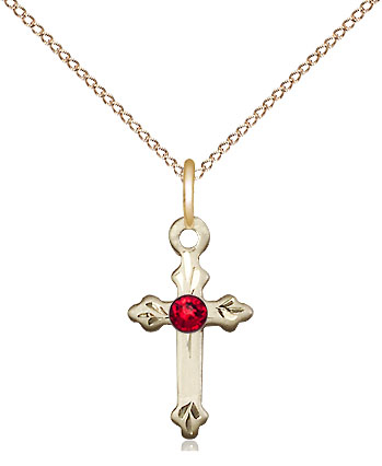 14kt Gold Filled Cross Pendant with a 3mm Ruby Swarovski stone on a 18 inch Gold Filled Light Curb chain