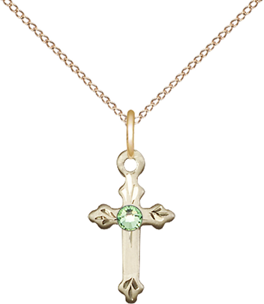 14kt Gold Filled Cross Pendant with a 3mm Peridot Swarovski stone on a 18 inch Gold Filled Light Curb chain