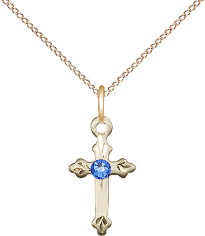 14kt Gold Filled Cross Pendant with a 3mm Sapphire Swarovski stone on a 18 inch Gold Filled Light Curb chain