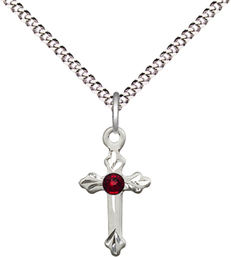 Sterling Silver Cross Pendant with a 3mm Garnet Swarovski stone on a 18 inch Light Rhodium Light Curb chain