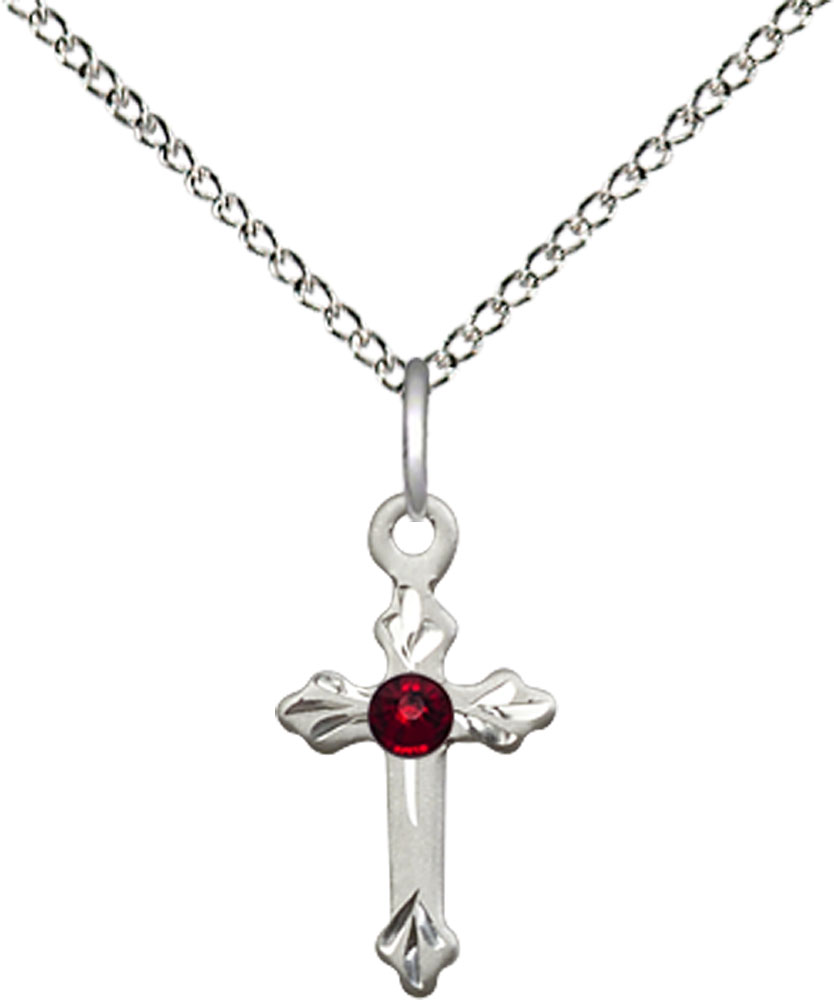 Sterling Silver Cross Pendant with a 3mm Garnet Swarovski stone on a 18 inch Sterling Silver Light Curb chain