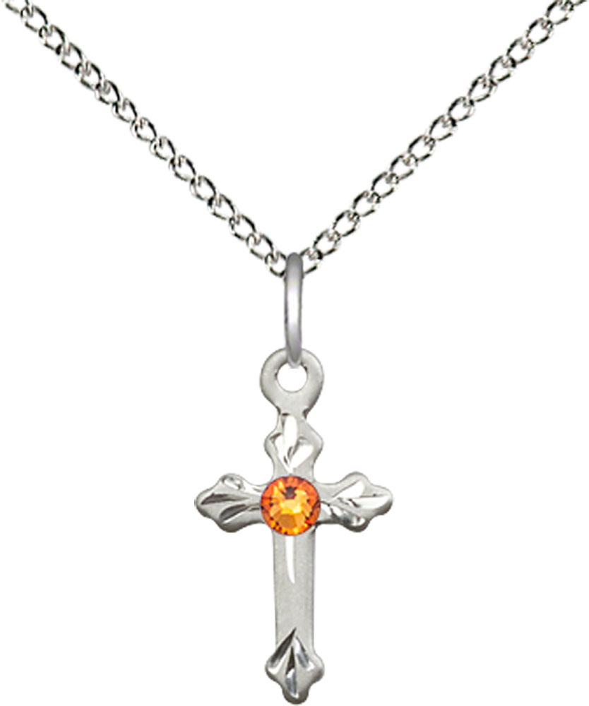 Sterling Silver Cross Pendant with a 3mm Topaz Swarovski stone on a 18 inch Sterling Silver Light Curb chain