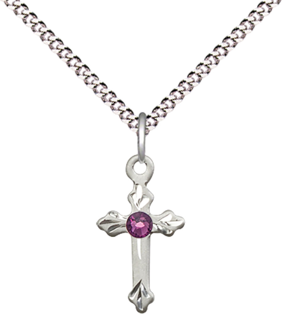 Sterling Silver Cross Pendant with a 3mm Amethyst Swarovski stone on a 18 inch Light Rhodium Light Curb chain