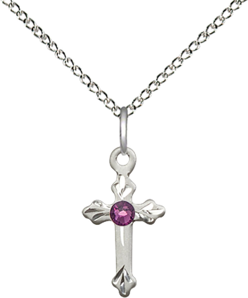 Sterling Silver Cross Pendant with a 3mm Amethyst Swarovski stone on a 18 inch Sterling Silver Light Curb chain